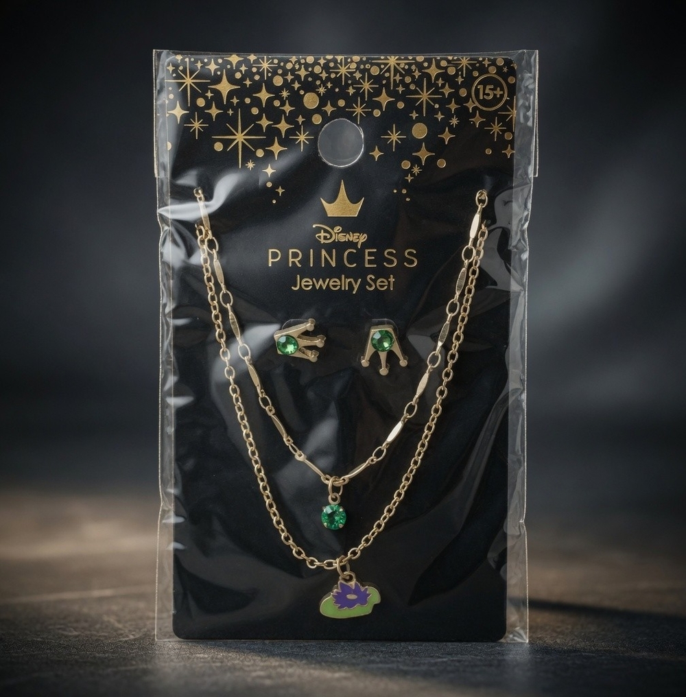 Disney Princess Tiana Gold Tone Necklace Crown Earrings Jewelry Set NIP
